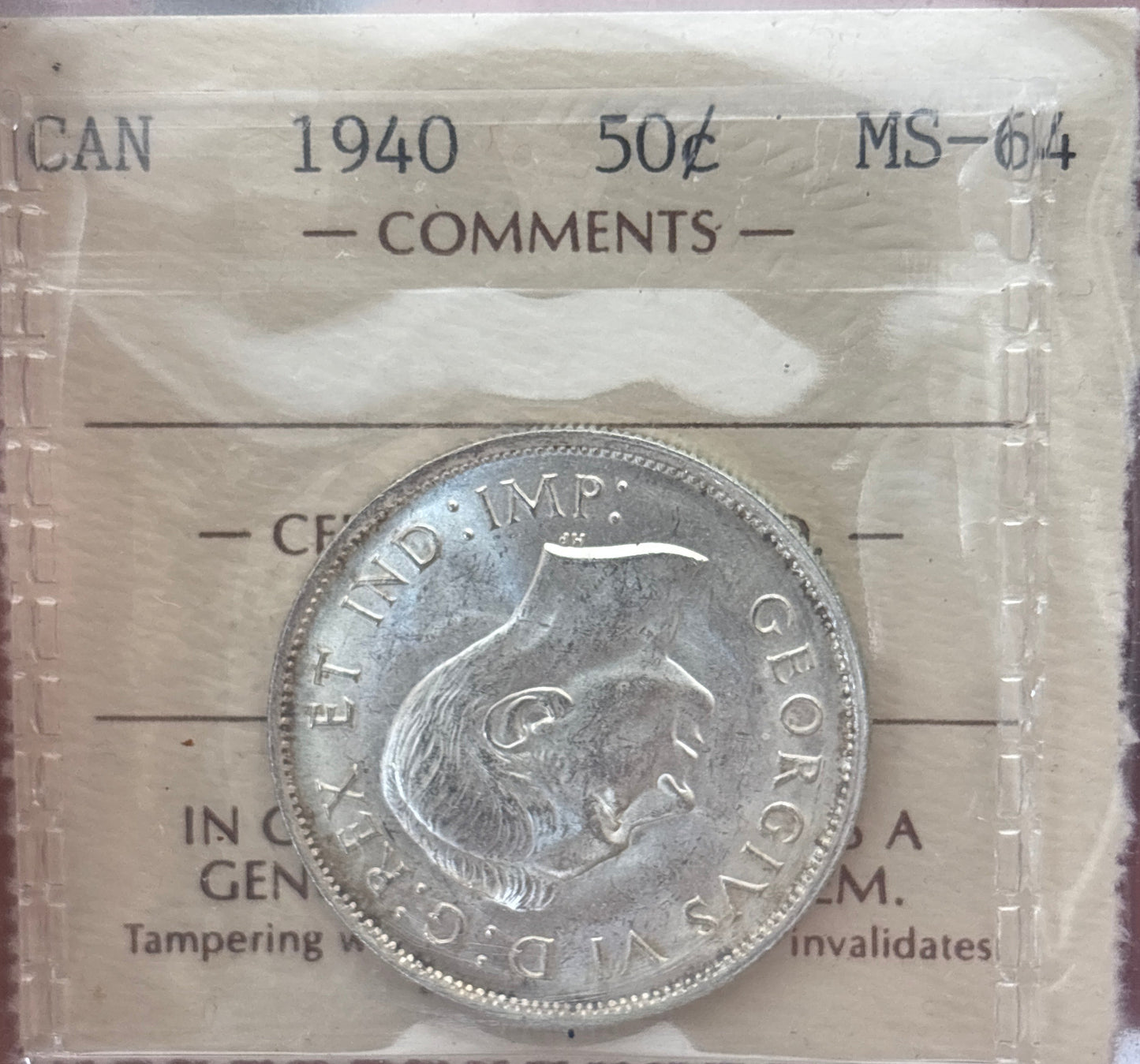 1940 Canada 50 Cent. ICCS graded MS-64