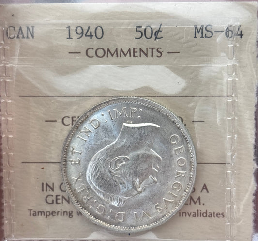 1940 Canada 50 Cent. ICCS graded MS-64