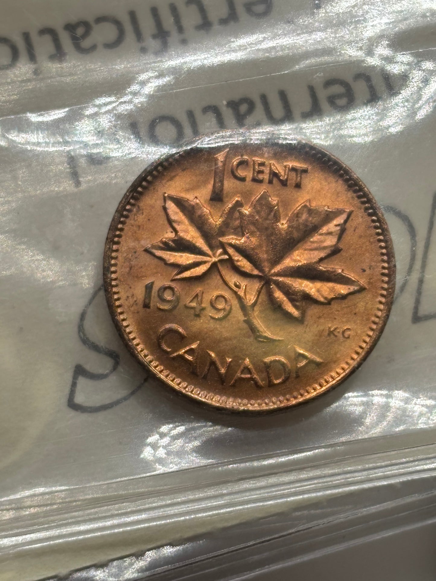 1949 Canada $0.01. A off Denticle. ICCS graded MS-64 Red