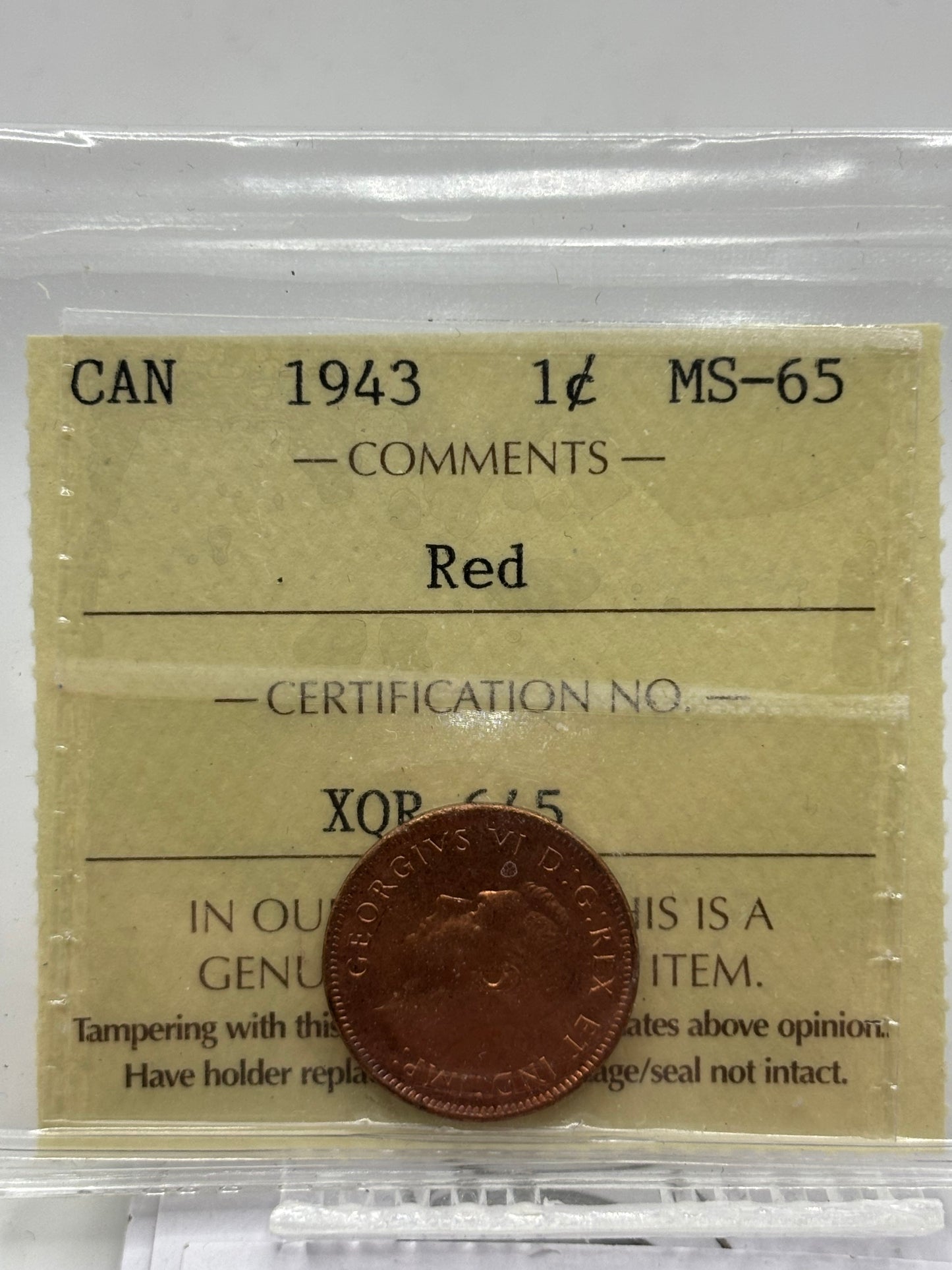 1943 Canada $0.01. ICCS graded MS-65 Red
