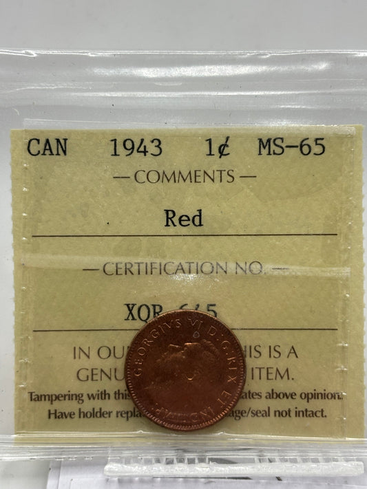 1943 Canada $0.01. ICCS graded MS-65 Red