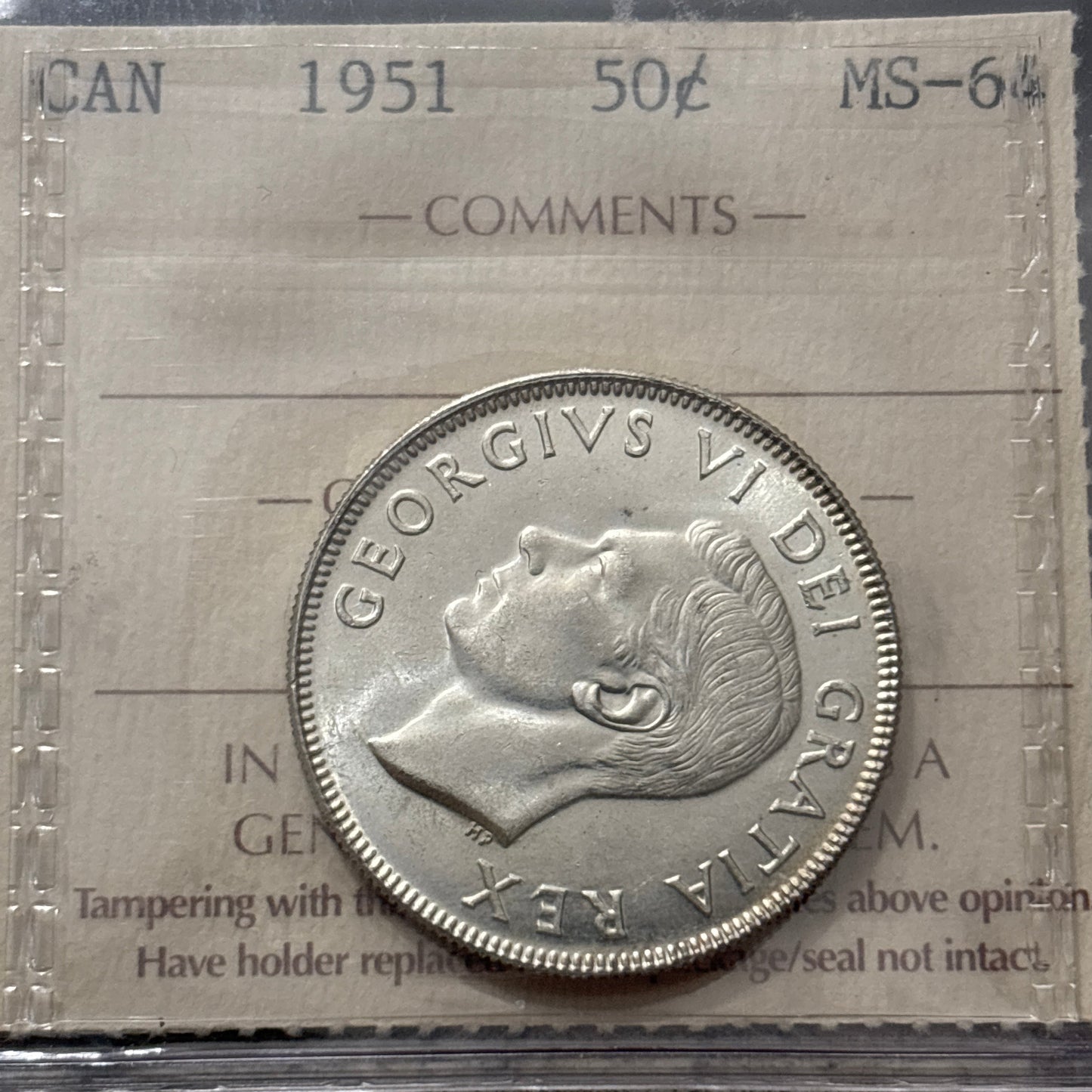 1951 Canada 50 Cent. ICCS graded MS-64
