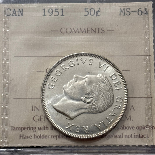 1951 Canada 50 Cent. ICCS graded MS-64