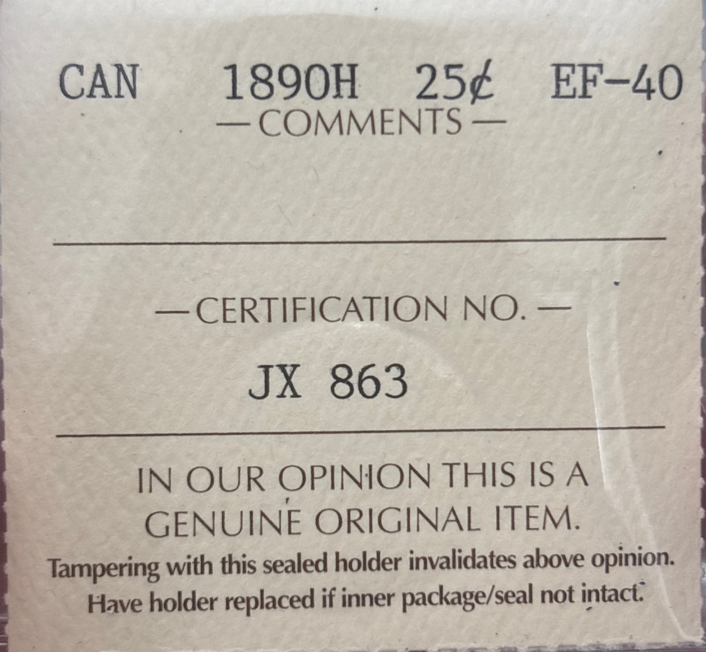 1890H Canada 25 Cent. ICCS graded EF-40
