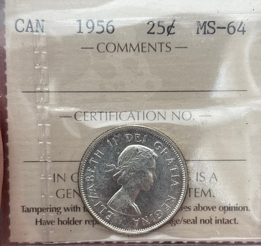 1956 Canada 25 Cent. ICCS graded MS-64