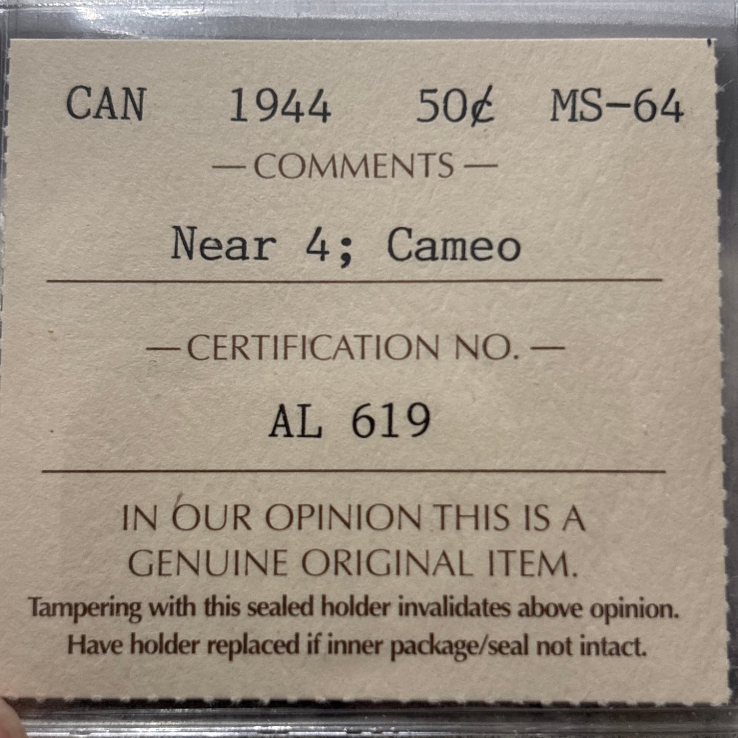 1944 Canada Near 4; Cameo 50 Cent. ICCS graded MS-64