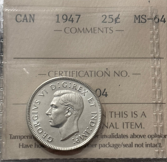 1947 Canada 25 Cent. ICCS graded MS-64