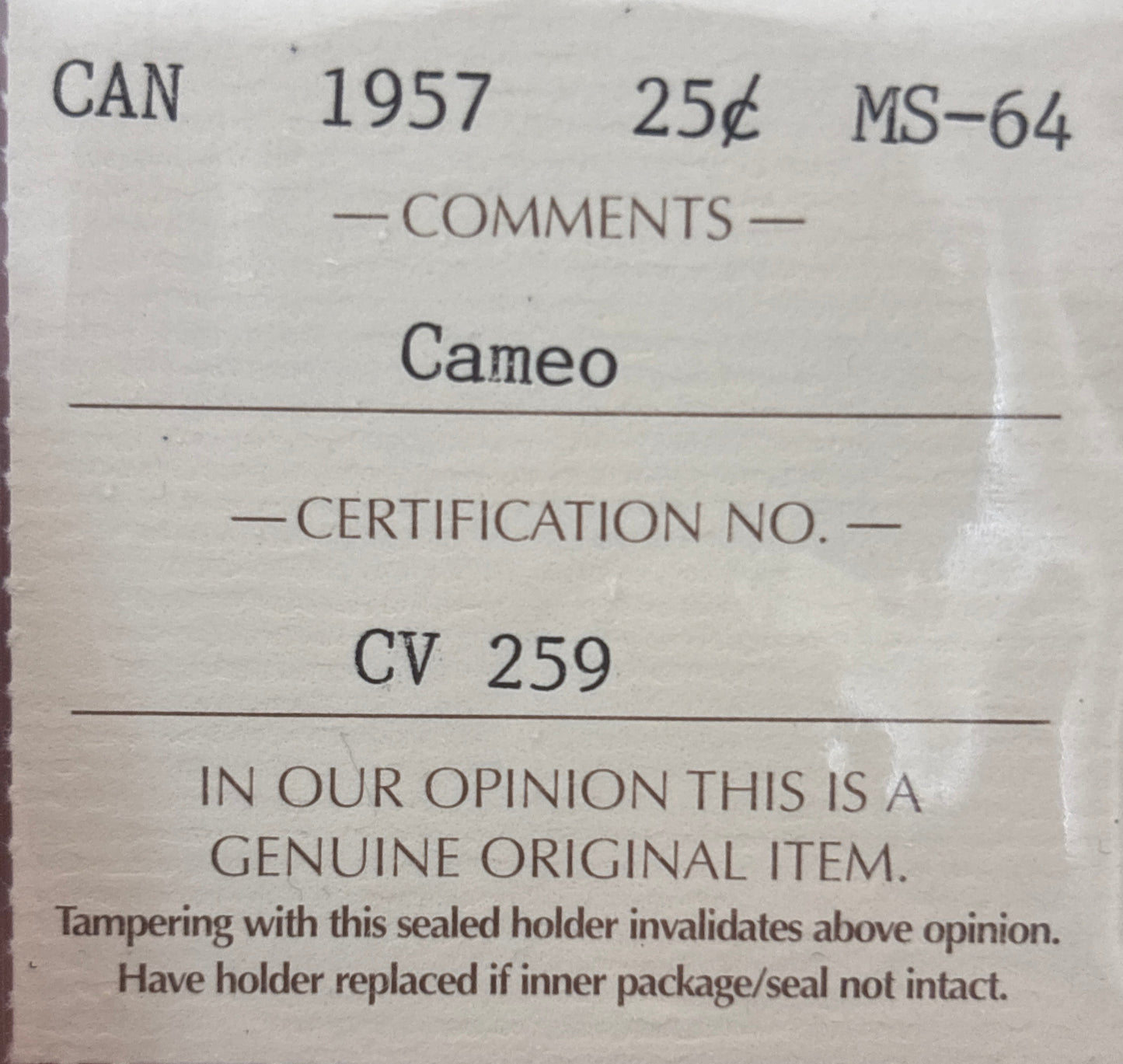 1957 Canada 25 Cent. ICCS graded MS-64 Cameo