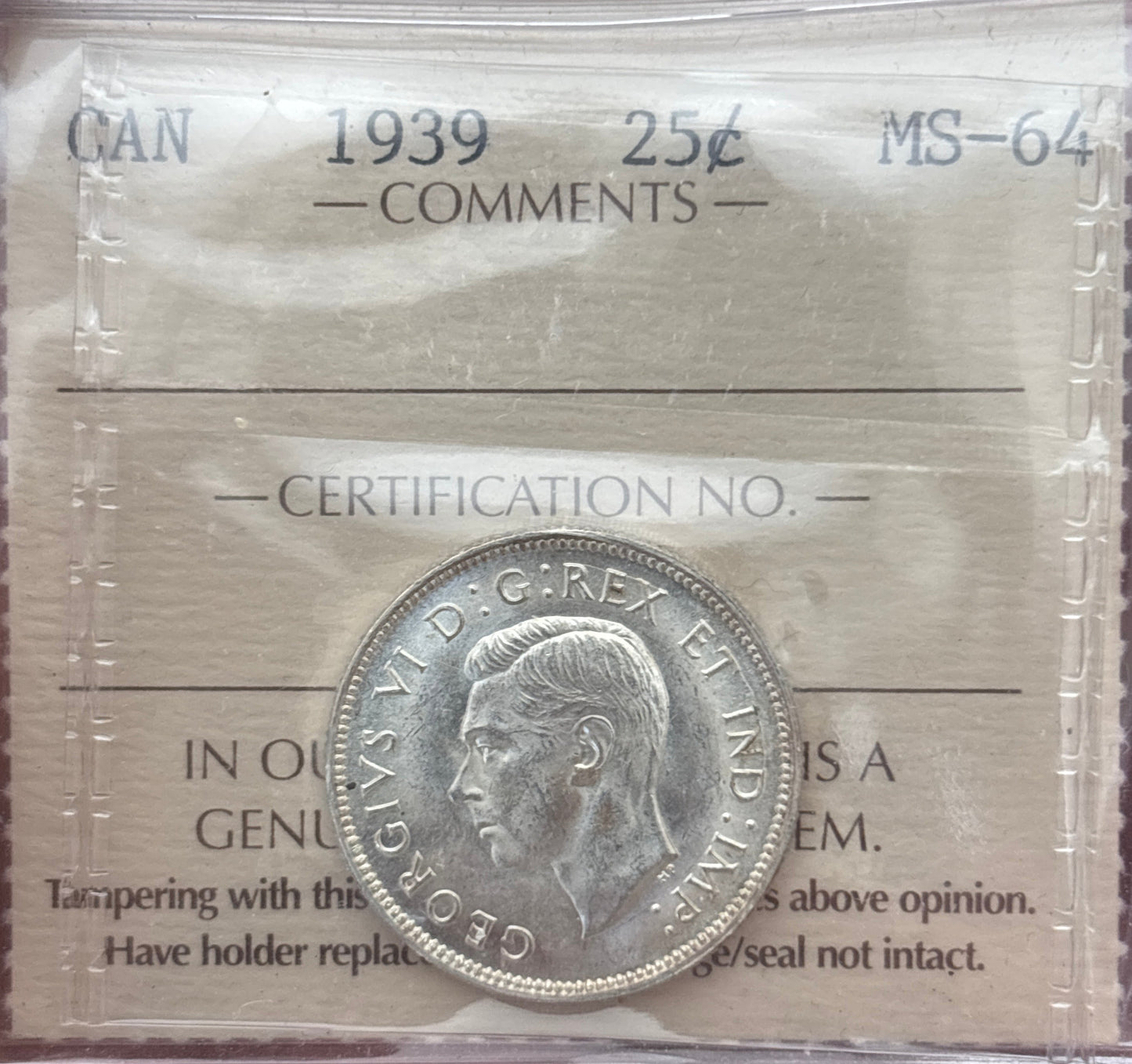 1939 Canada 25 Cent. ICCS graded MS-64