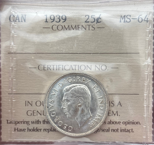 1939 Canada 25 Cent. ICCS graded MS-64