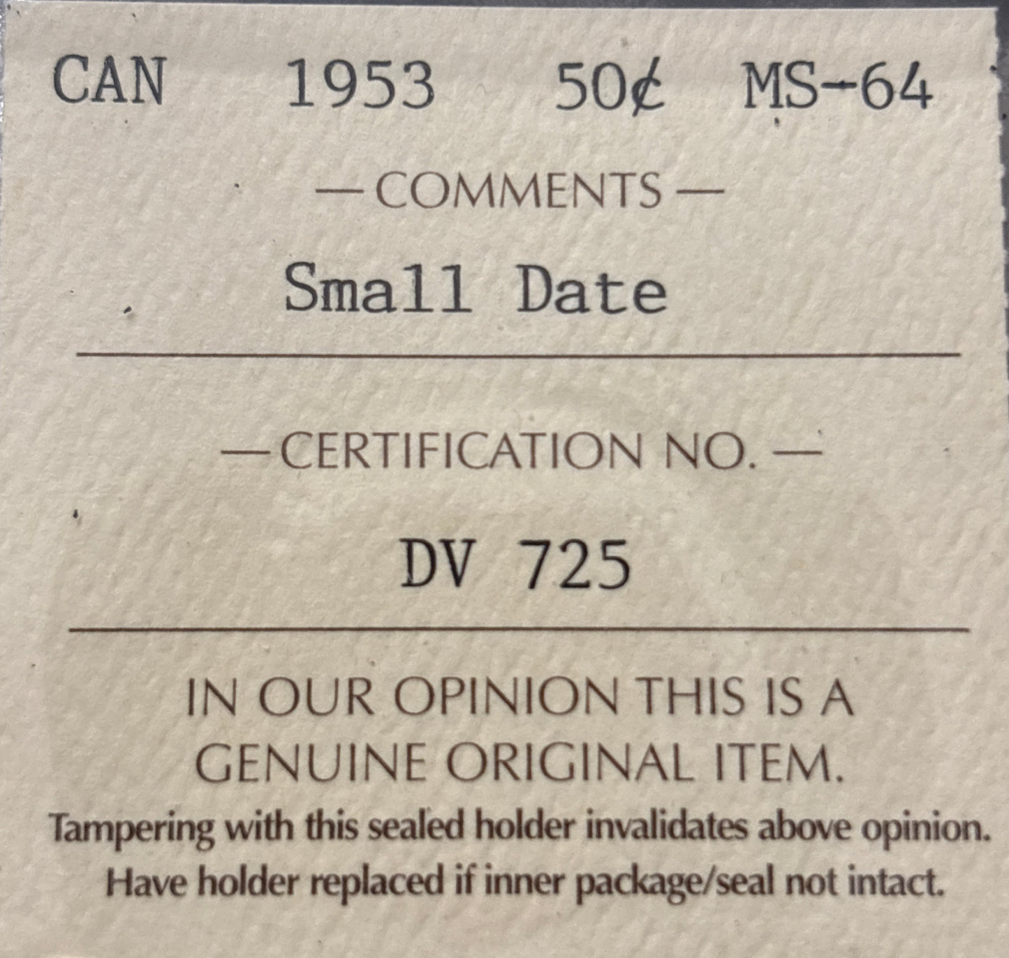 1953 SD Canada 50 Cent. ICCS graded MS-64