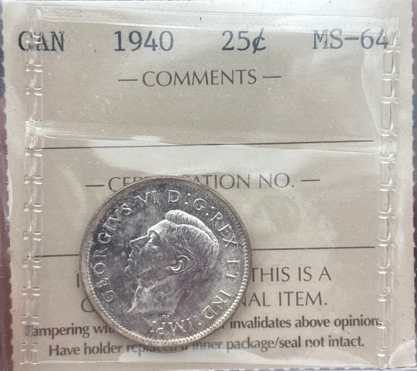 1940 Canada 25 Cent. ICCS graded MS-64