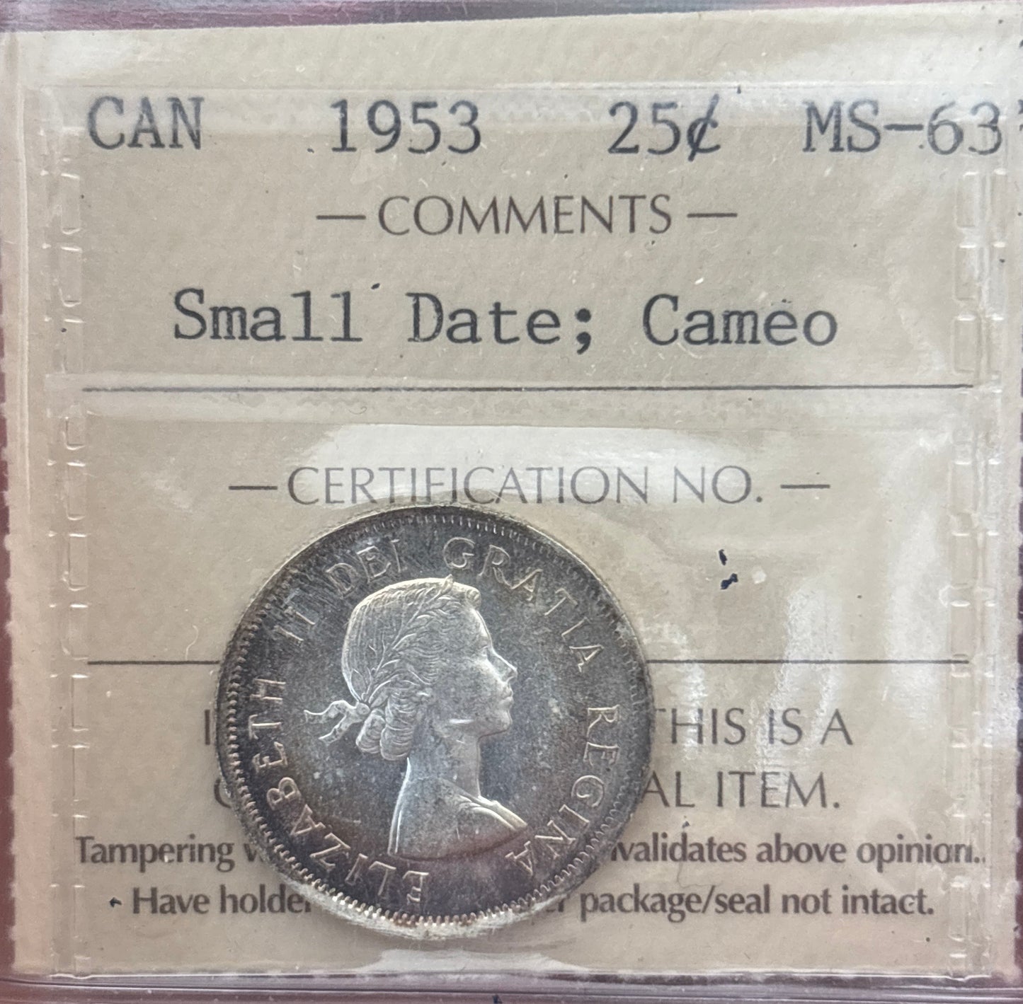 1953 Small Date Canada 25 Cent. ICCS graded MS-63 Cameo