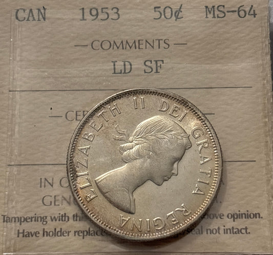 1953 LD SF Canada 50 Cent. ICCS graded MS-64