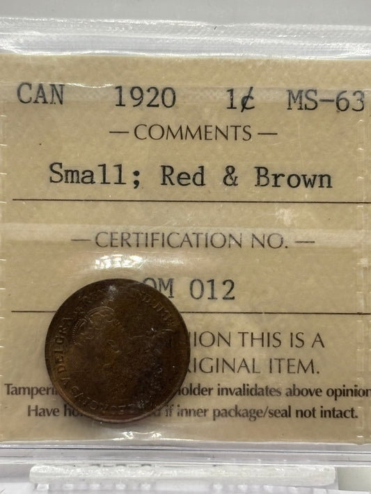 1920 Canada $0.01 small. ICCS graded MS-63 red and brown