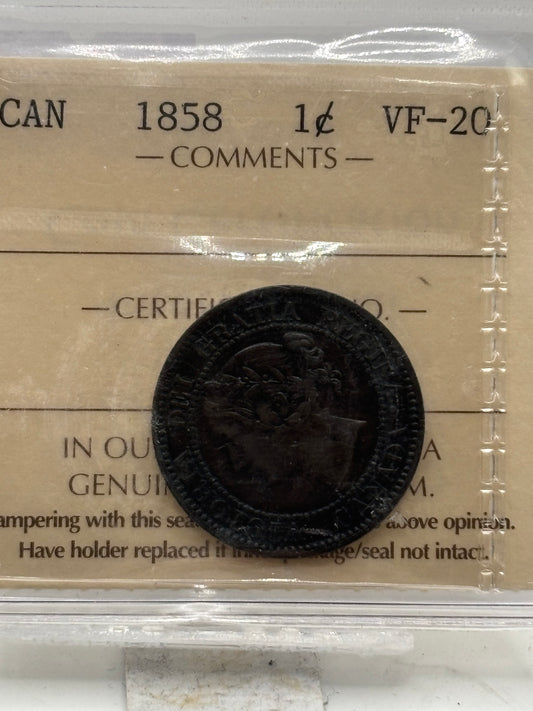 1858 Canada $0.01. Key date. ICCS graded VF-20