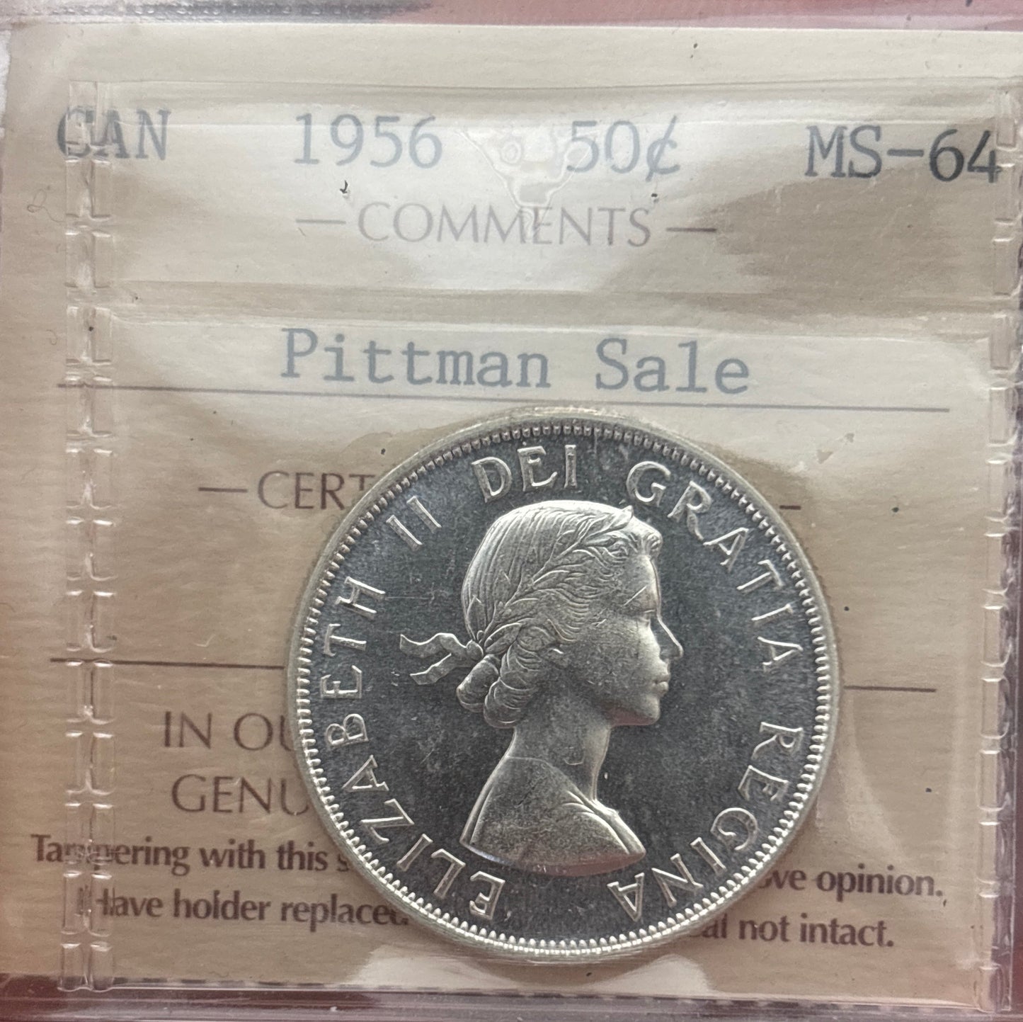 1956 Canada 50 Cent. ICCS graded MS-64 Pittman Sale