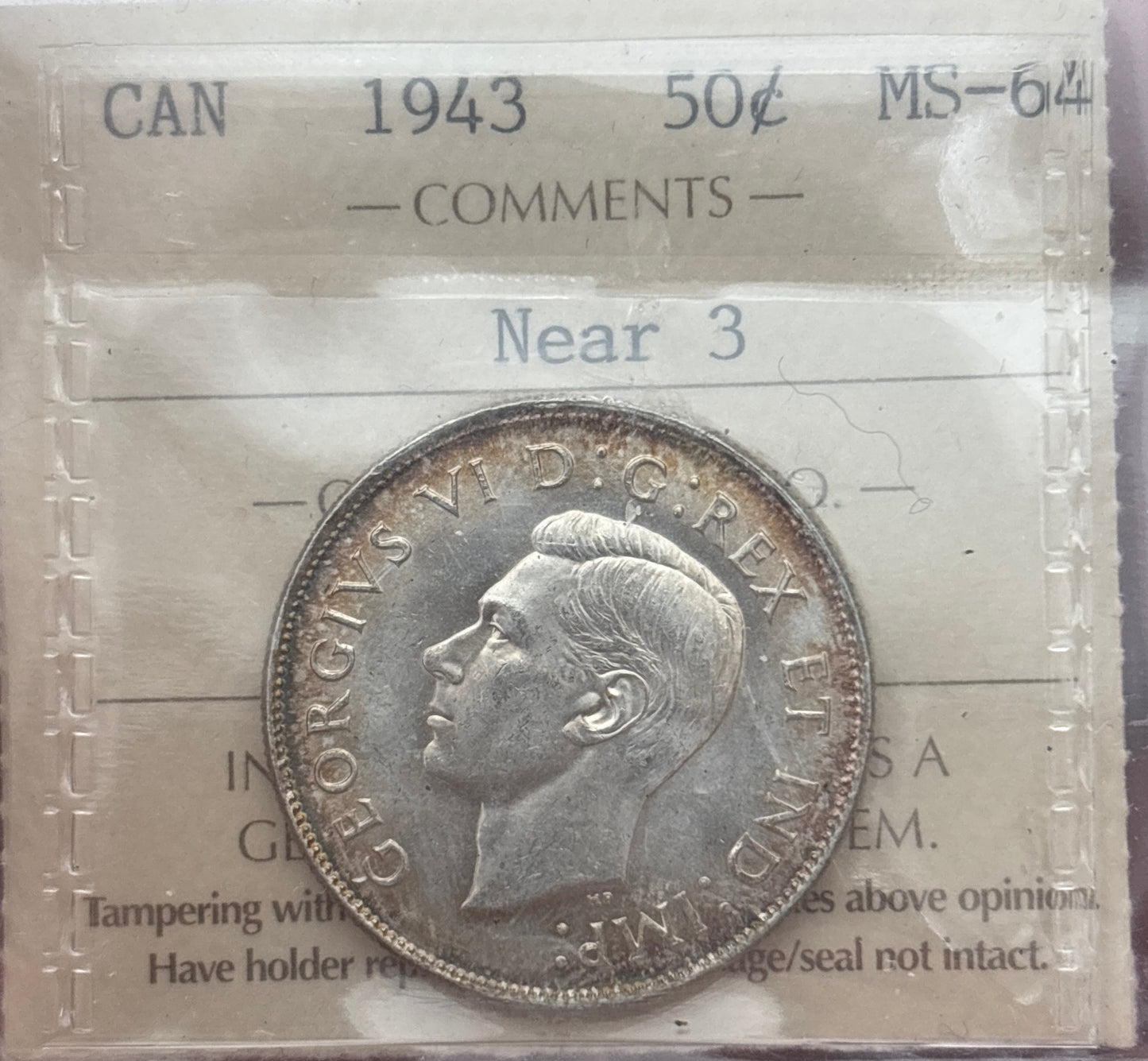 1943 Near 3 Canada 50 Cent. ICCS graded MS-64