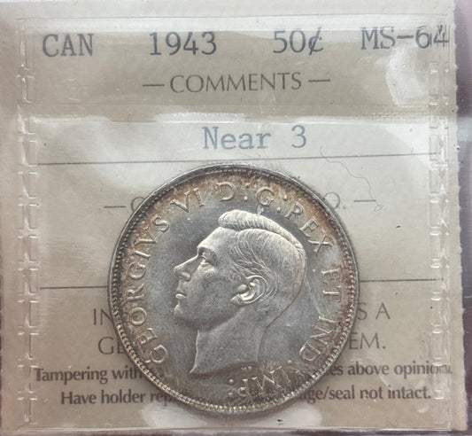 1943 Near 3 Canada 50 Cent. ICCS graded MS-64