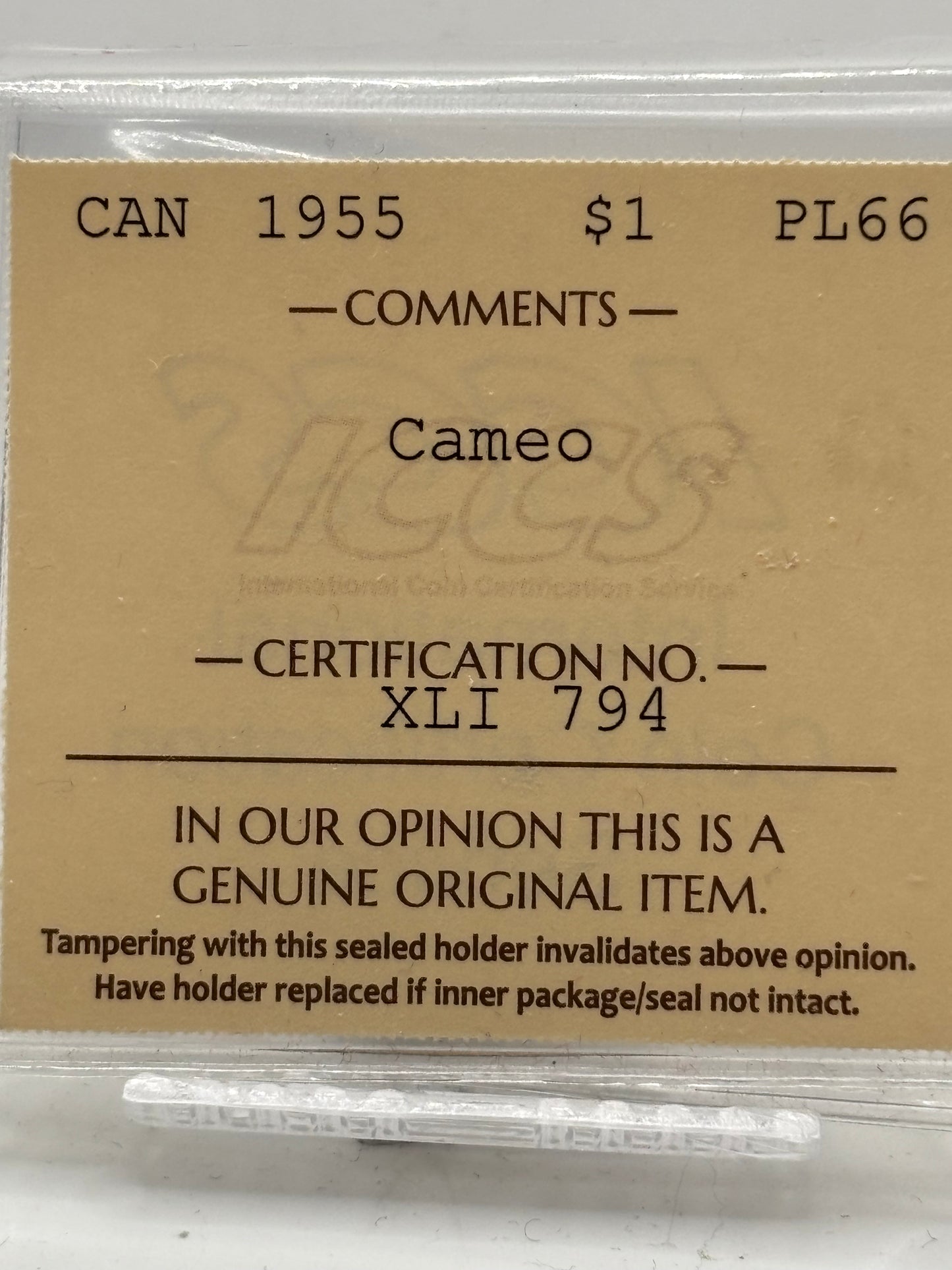1955 Canada $1. ICCS graded PL-66 Cameo
