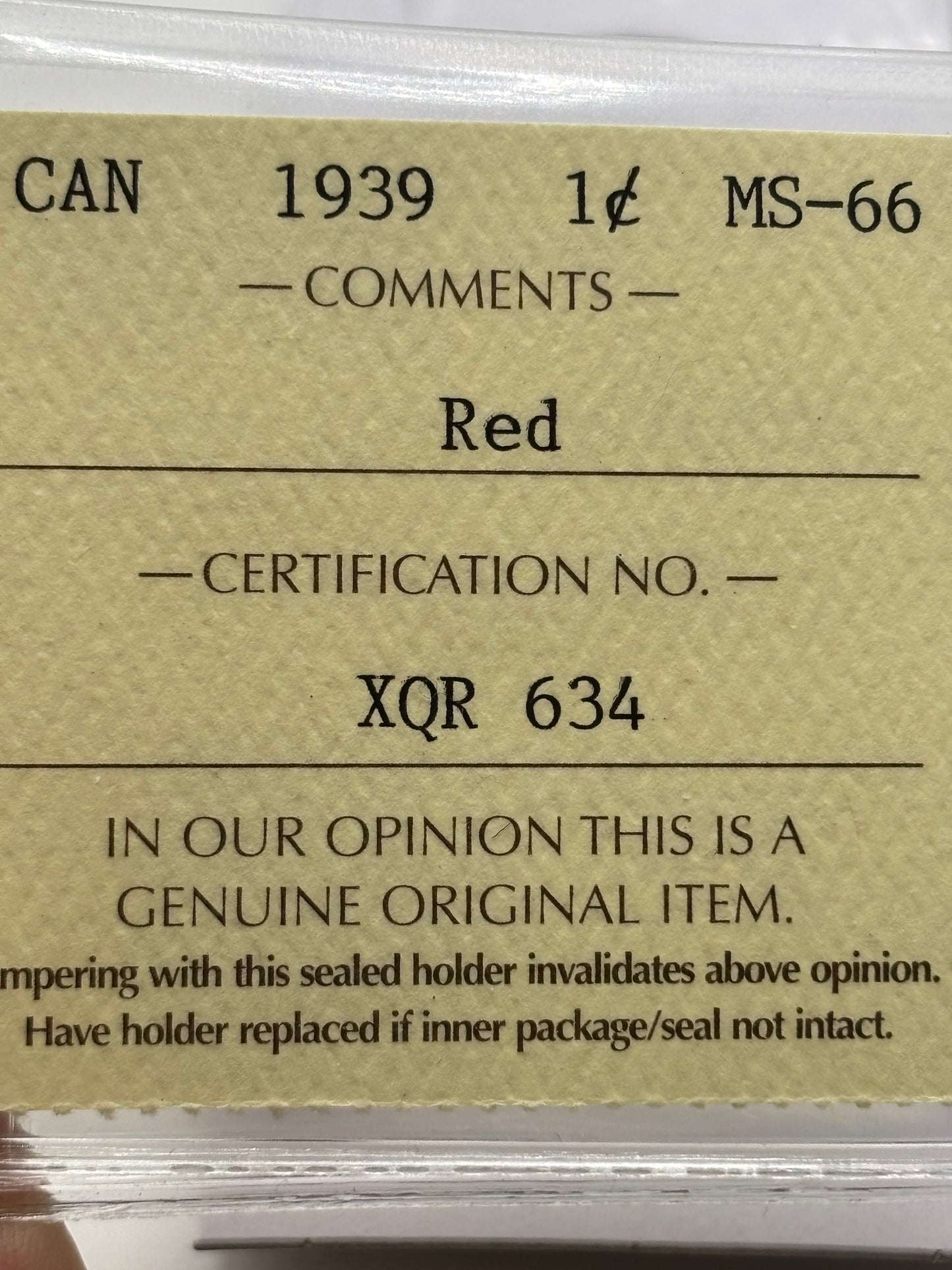 1939 Canada $0.01. ICCS graded MS-66 red! Stunning coin.