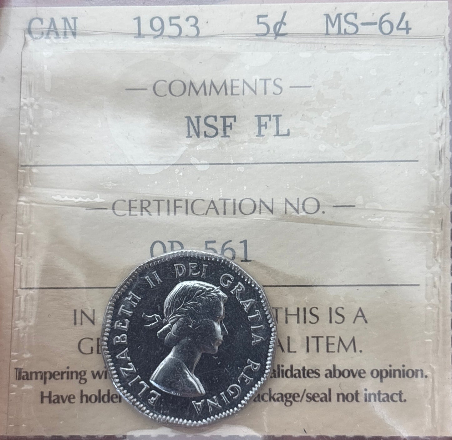 1953 NSF FL Canada 5 Cent. ICCS graded MS-64