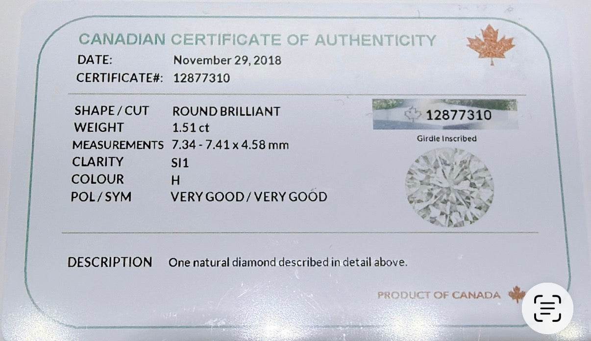 1.51 Carat Canadian Diamond Solitaire Ring – 14K White Gold | SI1 Clarity | H Colour. Size 5