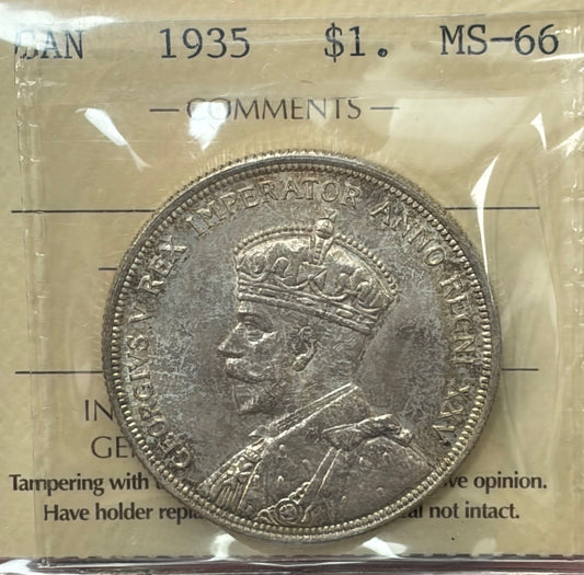 1935 Canada Silver Dollar | ICCS MS-66 | Brilliant Gem Mint State | Key Early Voyageur Dollar