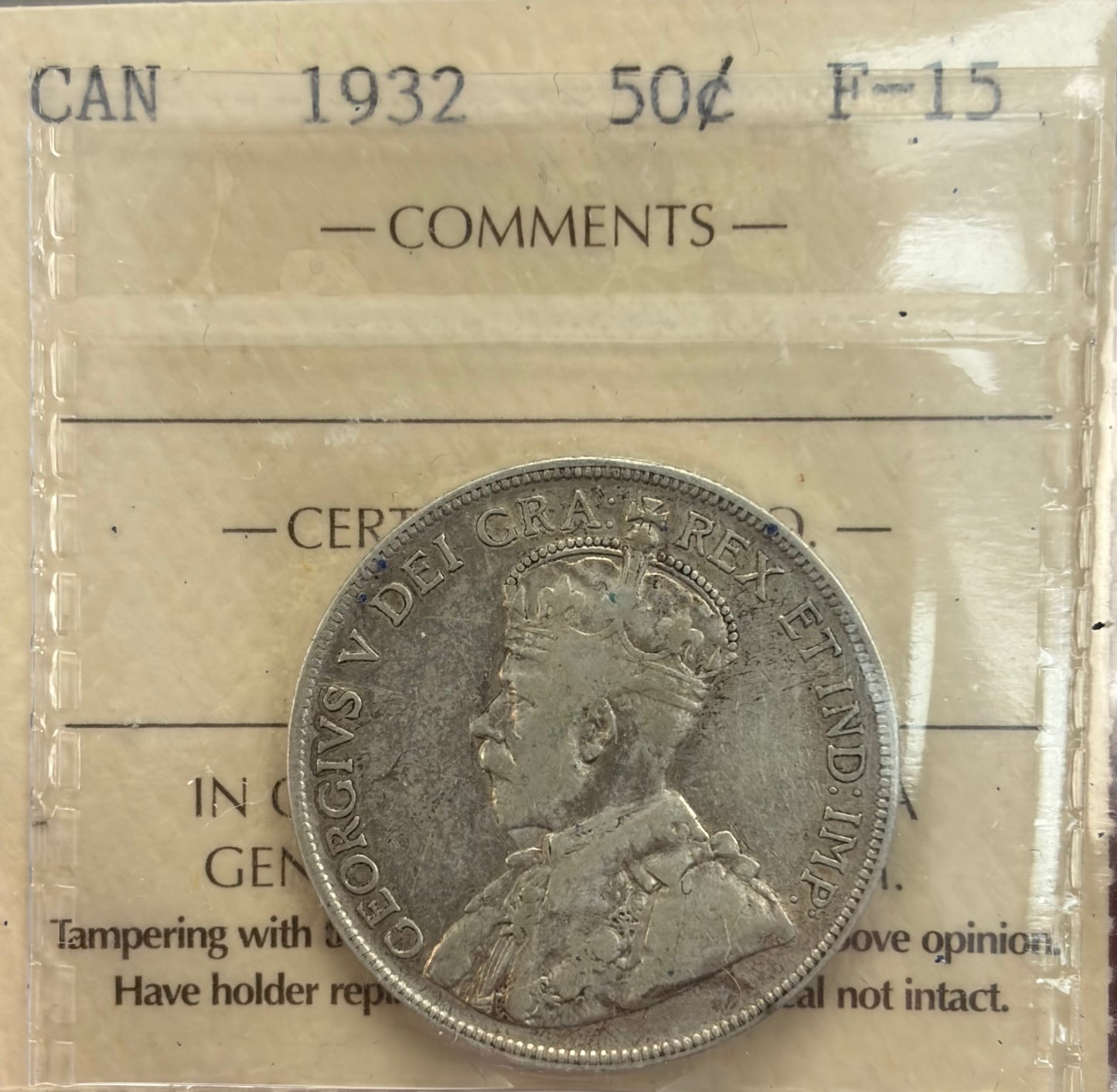 1932 Canada 50 Cents Silver Half Dollar | ICCS F-15 | George V