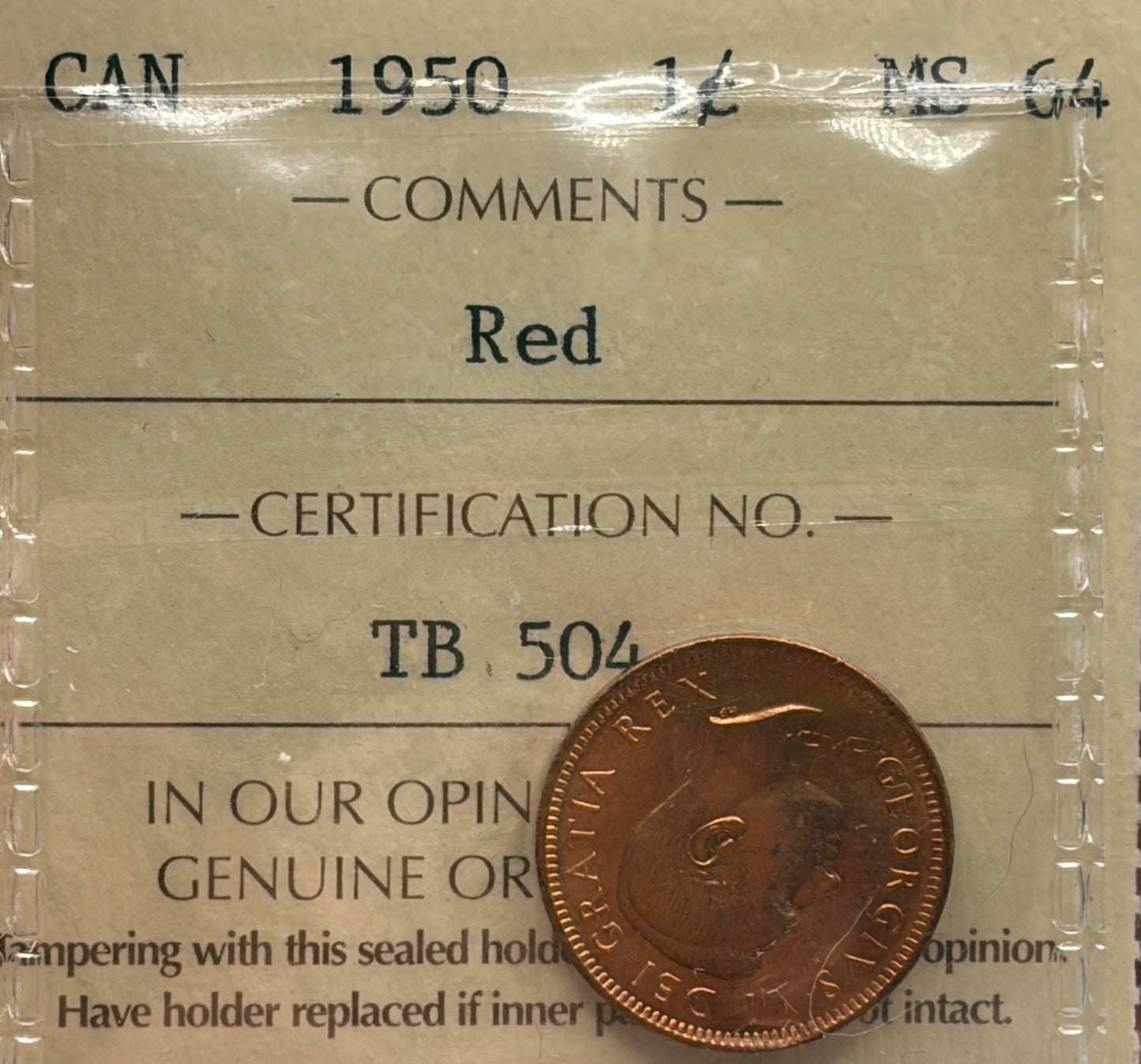 1950 Canada 1 Cent Penny | ICCS MS-64 Red | Brilliant Uncirculated Copper Coin