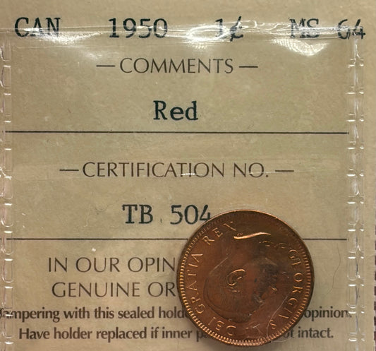 1950 Canada 1 Cent Penny | ICCS MS-64 Red | Brilliant Uncirculated Copper Coin