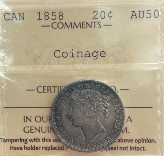 1858 Canada 20 Cents Silver Coin | ICCS AU-50 | Victoria | Coinage Variety