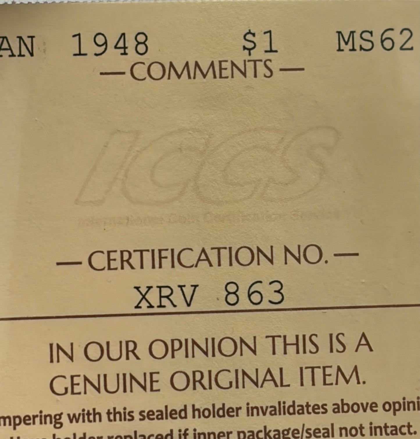 1948 Canada $1. ICCS graded MS-62