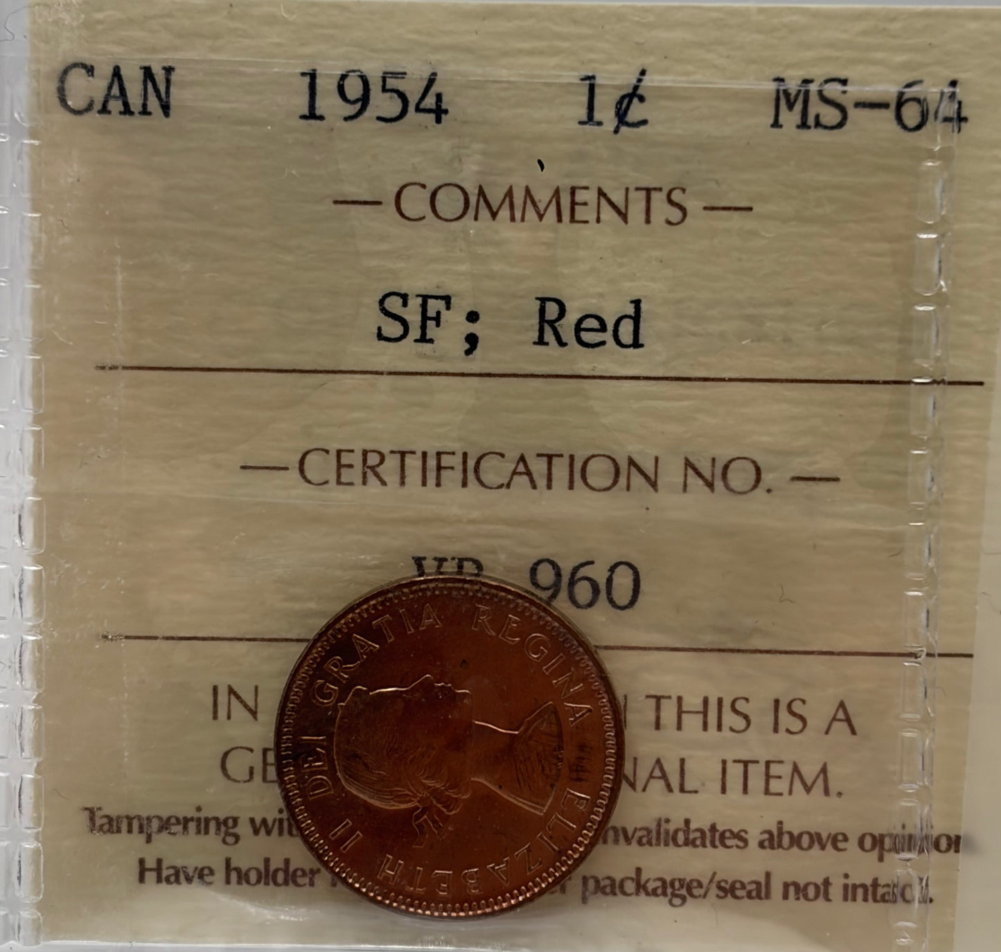 1954 Canada 1 Cent Shoulder Fold ICCS MS-64 Red
