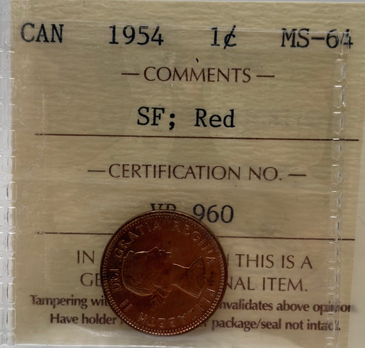 1954 Canada 1 Cent Shoulder Fold ICCS MS-64 Red
