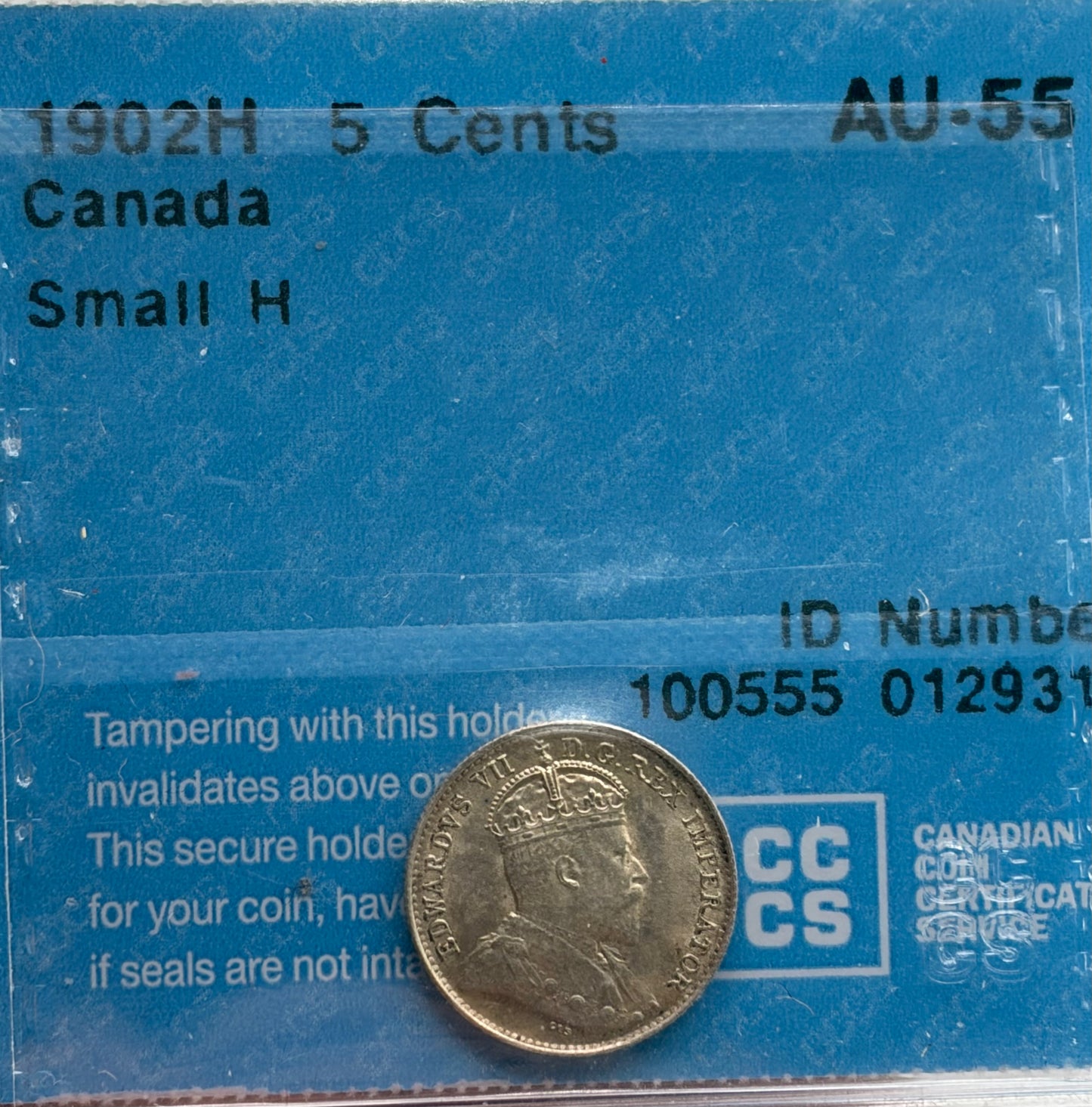 1902H Canada 5 Cents Small H | CCCS AU-55 | King Edward VII Silver Five Cent