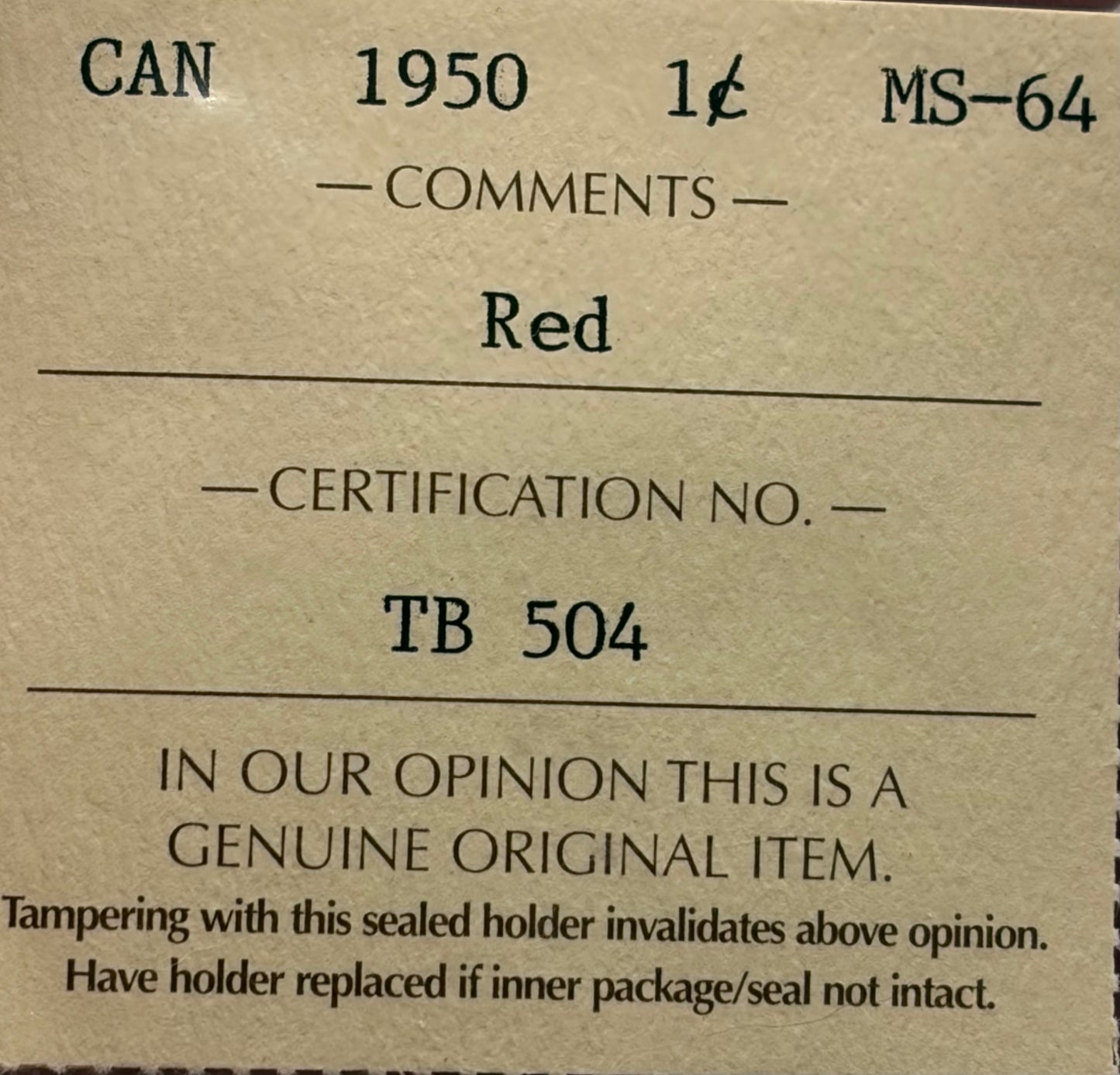 1950 Canada 1 Cent Penny | ICCS MS-64 Red | Brilliant Uncirculated Copper Coin