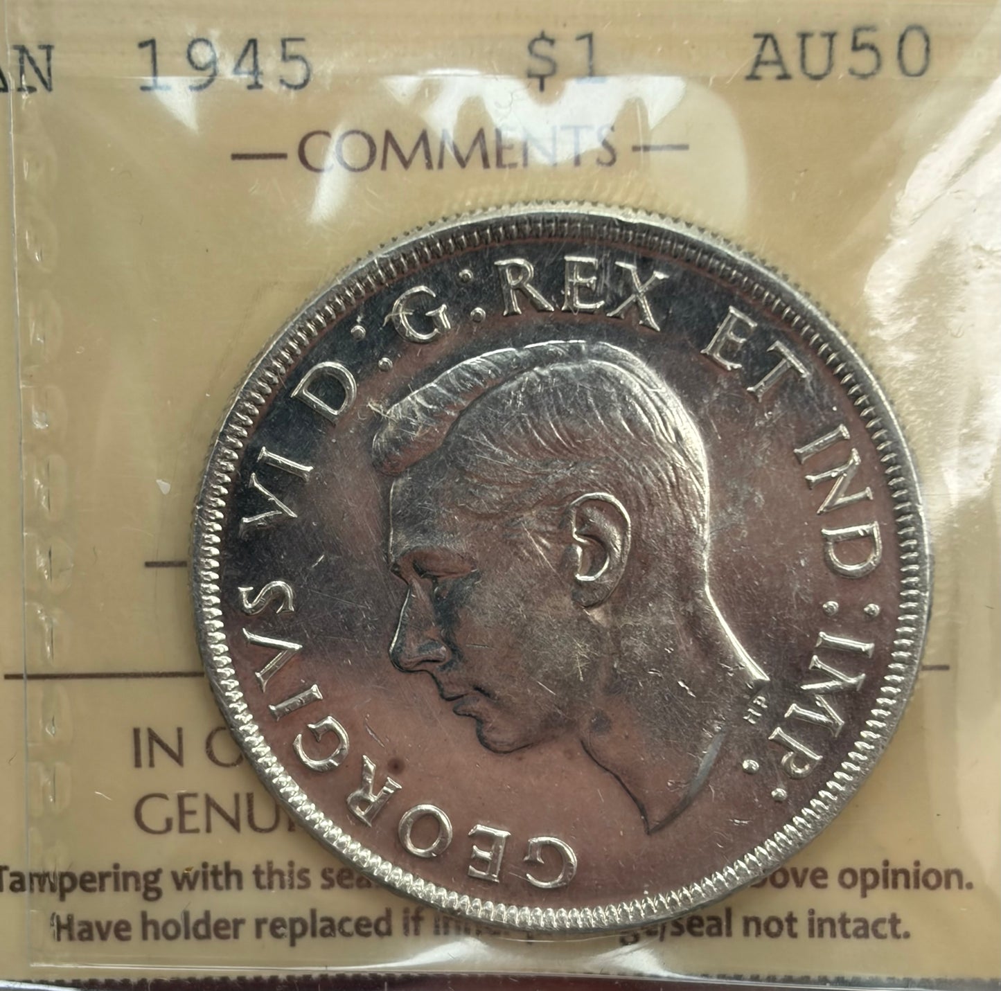 1945 Canada Silver Dollar | ICCS AU-50 | King George VI Silver Coin