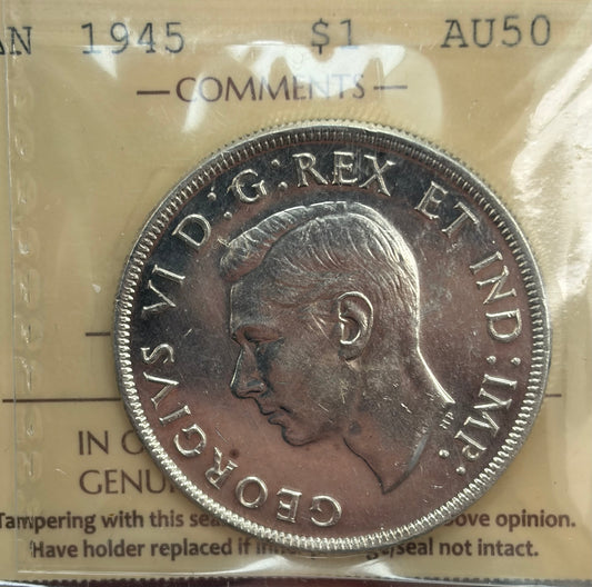 1945 Canada Silver Dollar | ICCS AU-50 | King George VI Silver Coin