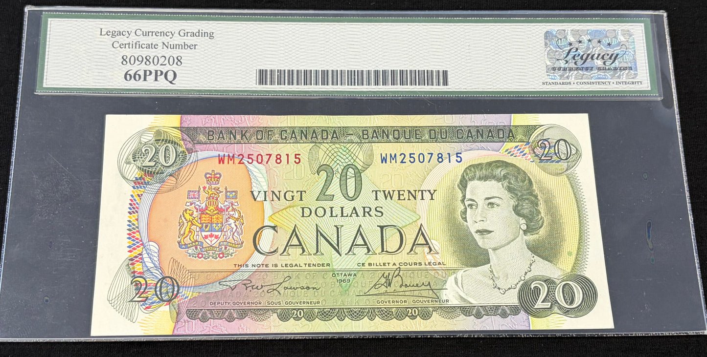 1969 Canada $20 error bank note. Misaligned back printing. Legacy graded GEM 66PPQ