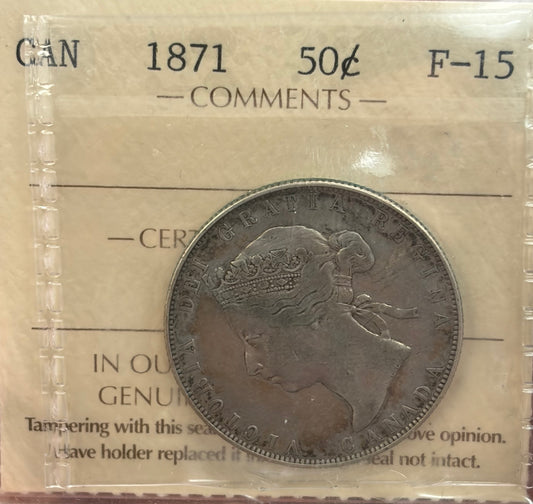 1871 Canada 50 Cents Silver Half Dollar | ICCS F-15 | Victoria