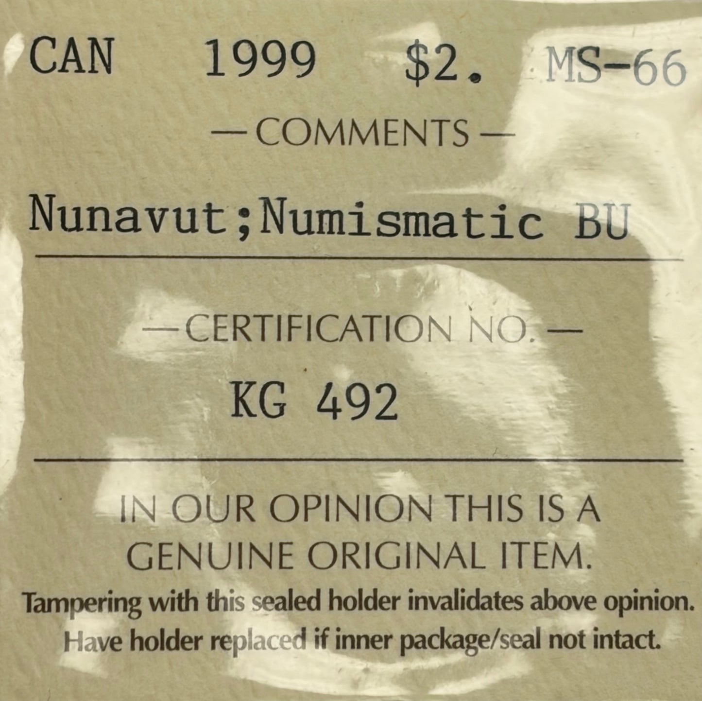 1999 Canada Nunavut $2 Toonie | ICCS MS-66 | Numismatic BU | Brilliant Uncirculated