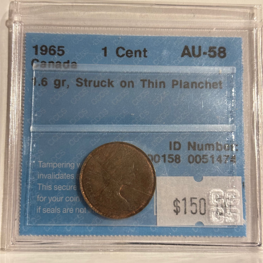 1965 Canada 1 Cent Error - 1.6 g Struck on thin planchet - CCCS graded AU58