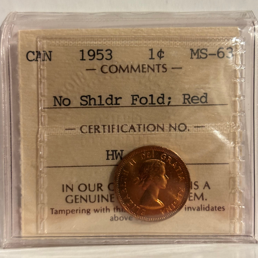 1953 NSF (Also hanging 3) Canada 1 Cent ICCS graded MS63 Red
