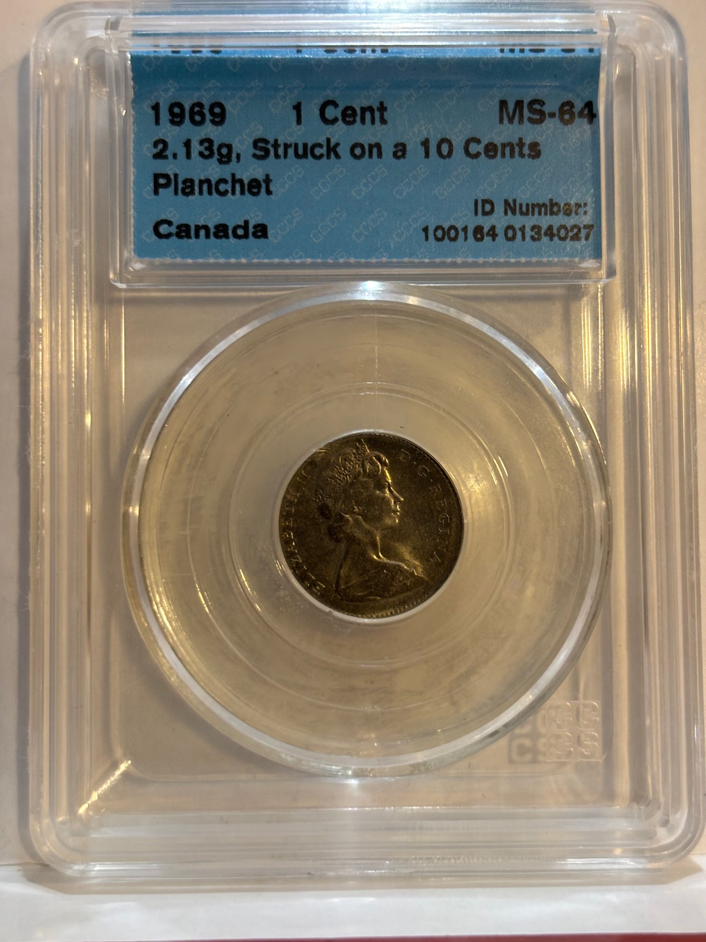 1969 Canada 1 Cent Error, 2.13g Struck on a 10 Cents. CCCS graded MS64