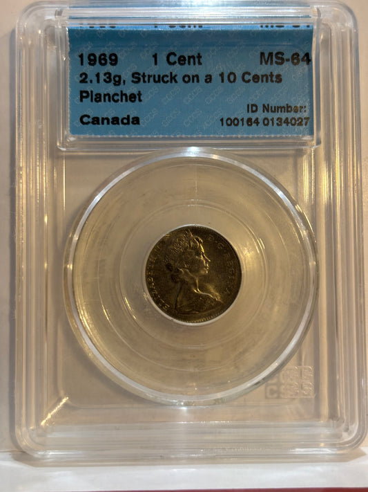 1969 Canada 1 Cent Error, 2.13g Struck on a 10 Cents. CCCS graded MS64