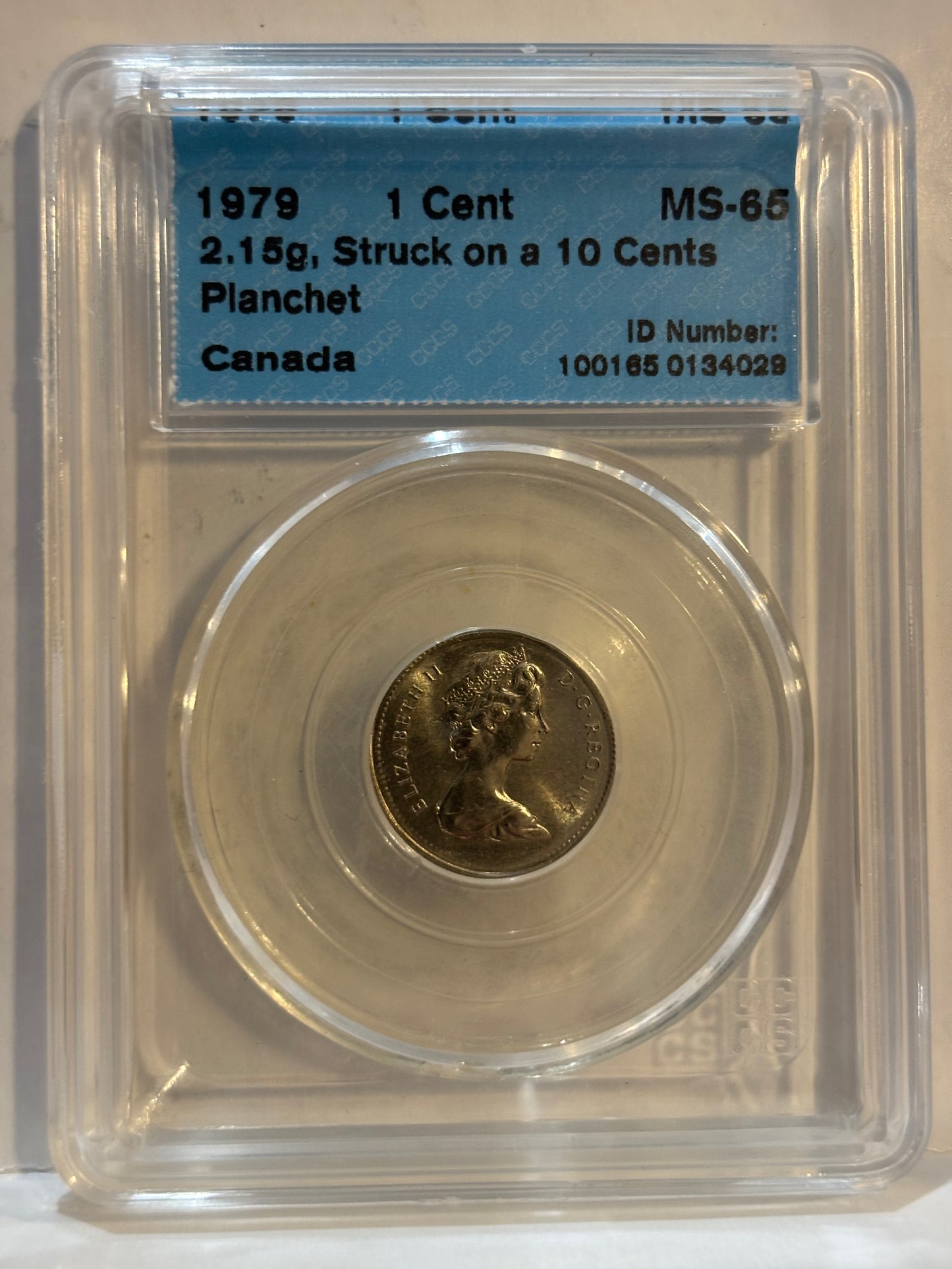 1979 Canada 1 Cent Error, 2.15g Struck on a 10 Cents. CCCS graded MS65