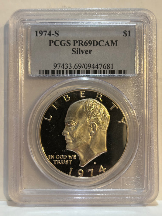 1974-S USA Proof Silver Dollar. PCGS graded PR69DCAM