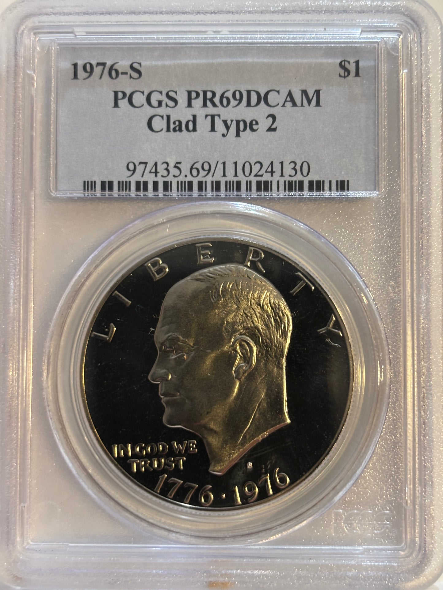1976-S USA Proof Clad Type 2 Dollar. PCGS graded PR69DCAM