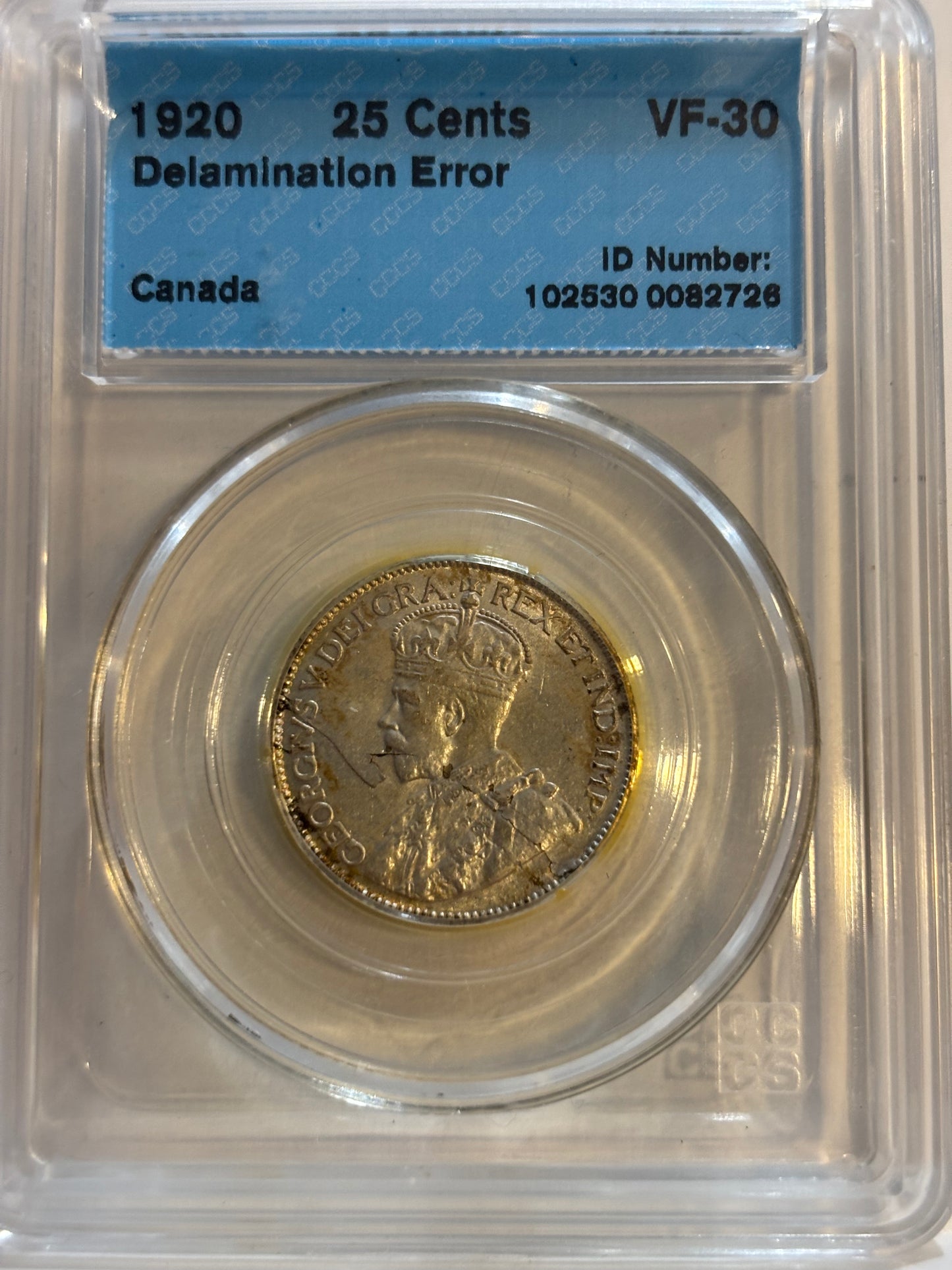 1920 Canada 25 Cents Error. Delamination Error. CCCS graded VF30